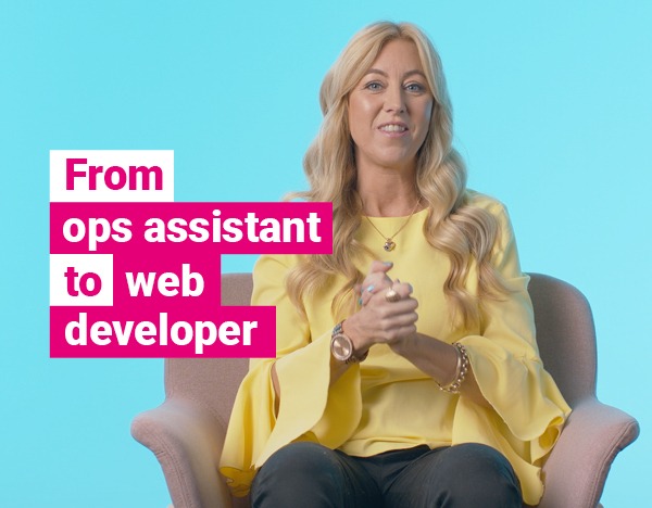 A woman in a yellow top sitting in a chair with a light blue background. Text 'From Ops assistant to web developer' to her left.