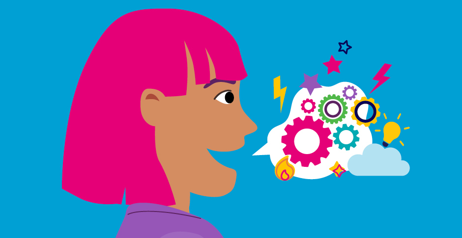 Illustration of a woman with pink hair, on a blue background, talking through her thoughts image